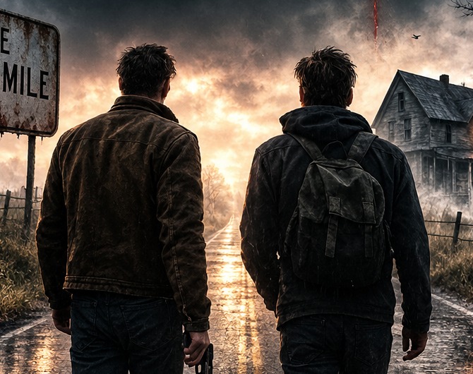 Detail from The Black Mile cover art showing two brothers on the road together